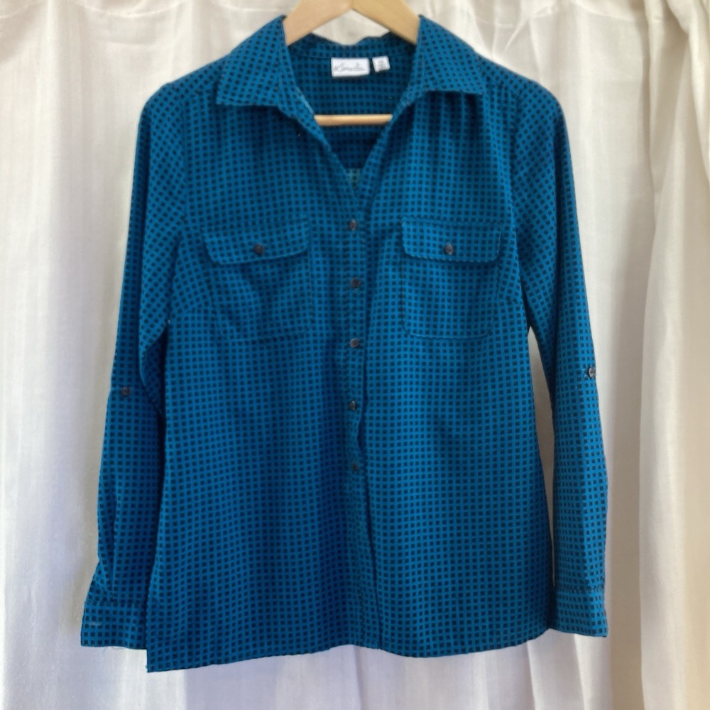 Kim Rogers Shirt Womens Small Petite Blue Black Check Button Up Roll Tab Sleeve‎